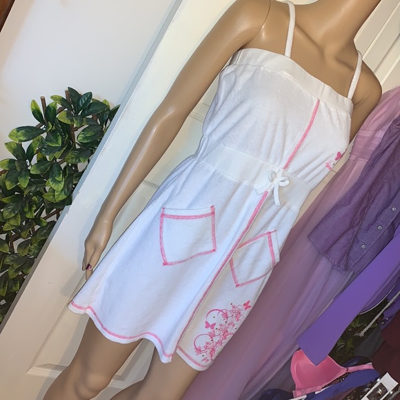 White Terry towel mini dress sundress with pockets S M - Picture 7 of 16